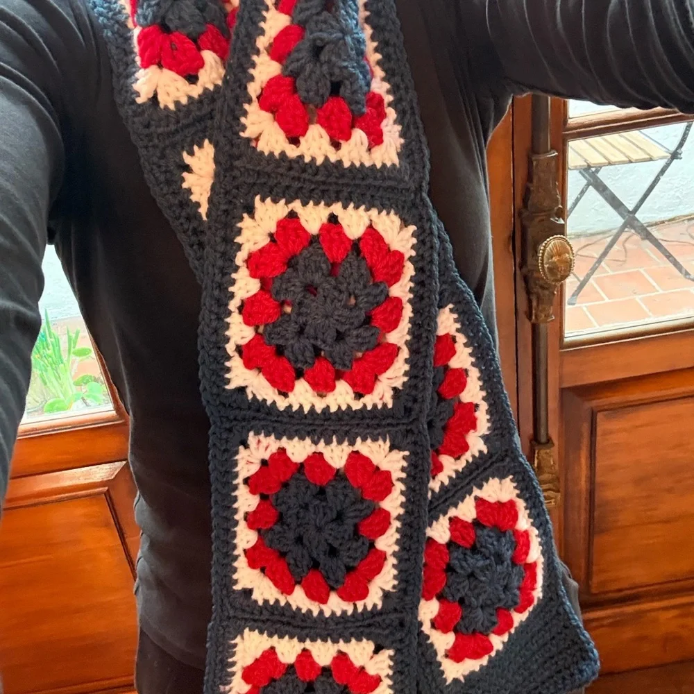 Granny square Crochet scarf blue red white style 61”x5”